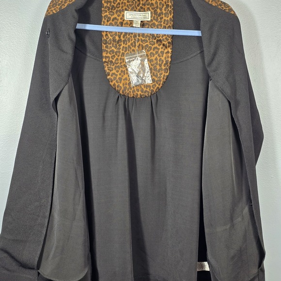 Simonton Says 1X Black Knit Jacket Leopard Trim Open Front Statement Collar - Picture 4 of 15